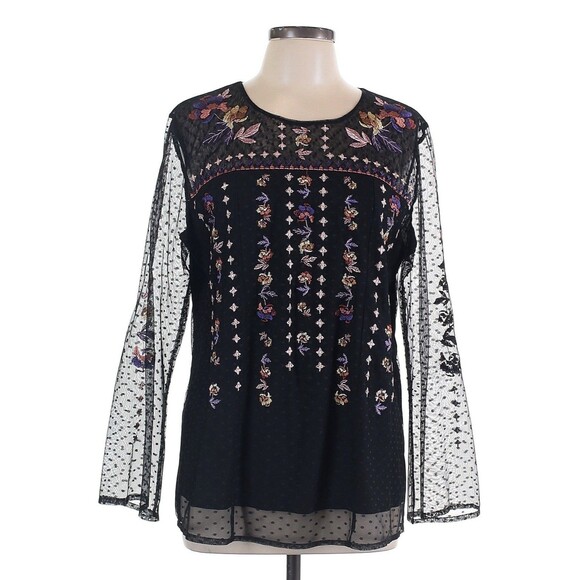 Style & Co Long Sleeve Floral Embroidered Sheer Boho Tunic Blouse Black SZ M - Picture 1 of 5